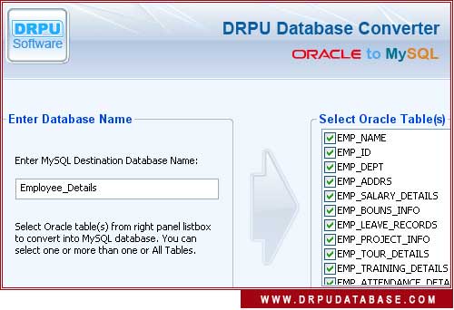 Oracle to MySQL screen shot