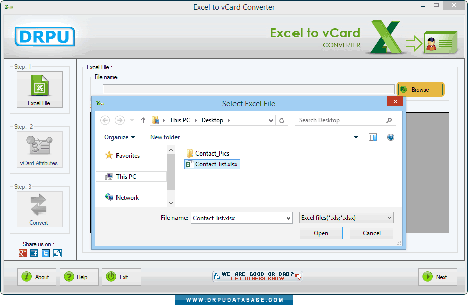 Browse excel file of contact list