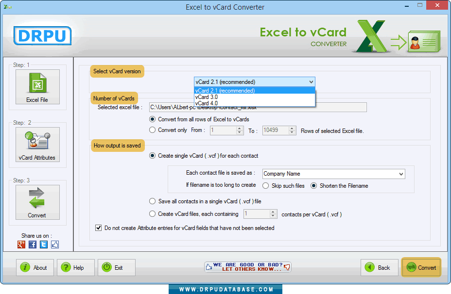 DRPU Conversion Software - Excel to vCard Screenshot