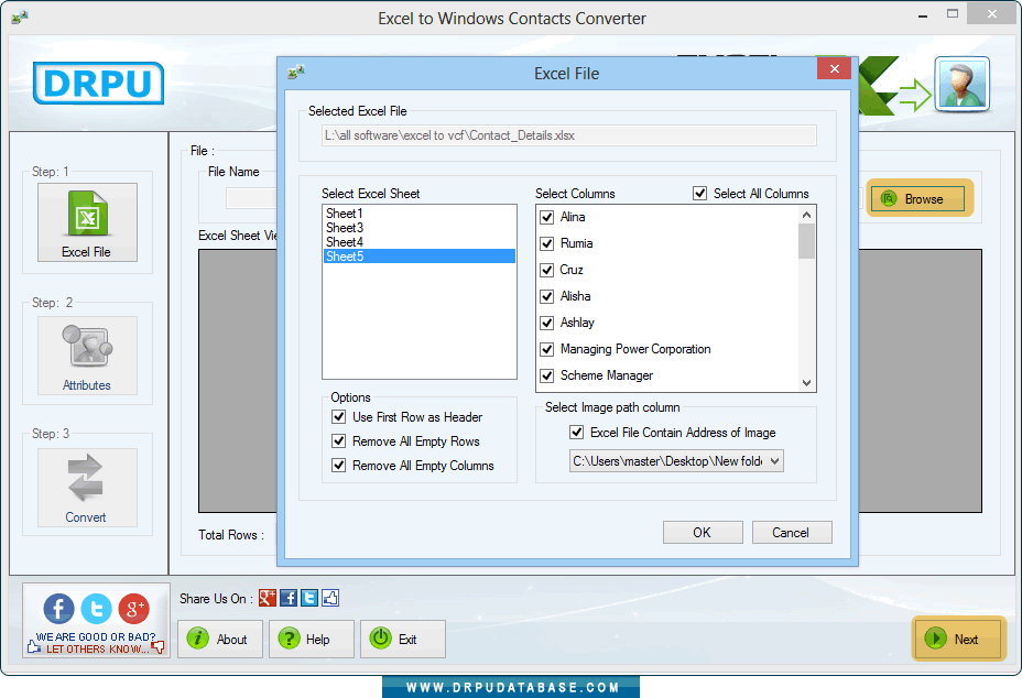 Browse excel file of contacts