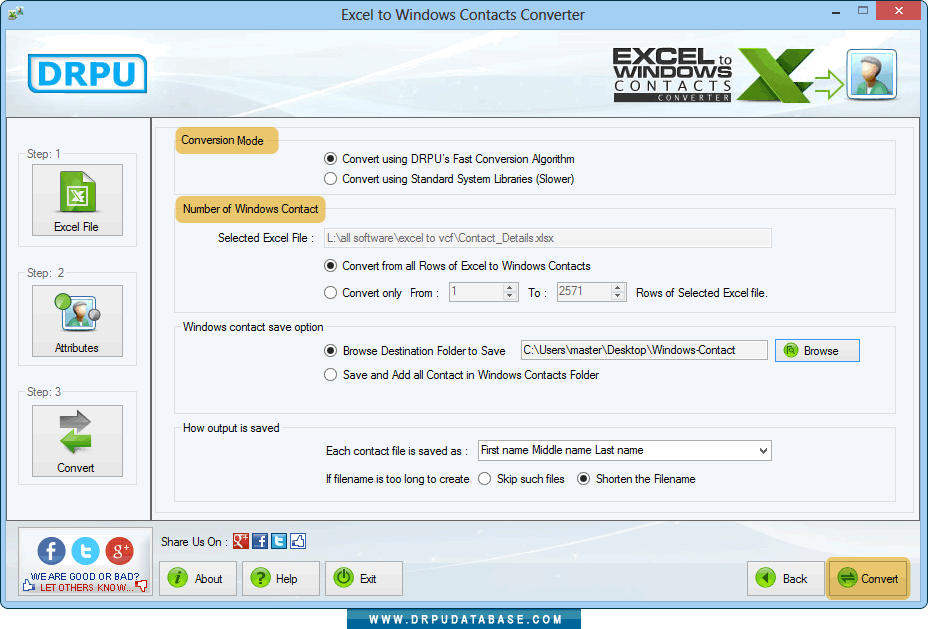 DRPU Excel to Windows Contacts Converter Software Screenshot